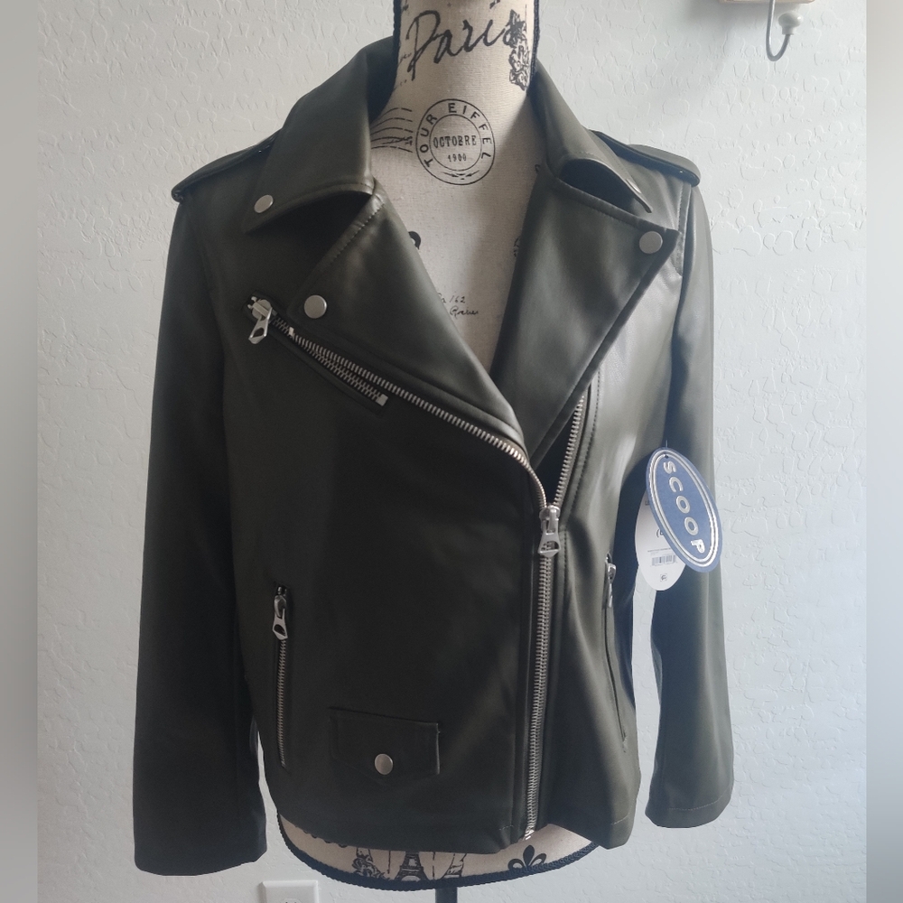 🆕 Scoop Vegan Faux Leather Moto Olive Military Green Fall Jacket (XS)